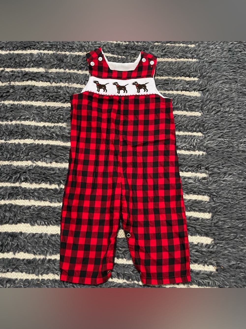The Bailey Boys Red Gingham Smocked Doggy Romper Dog Kids Red White Size 12m